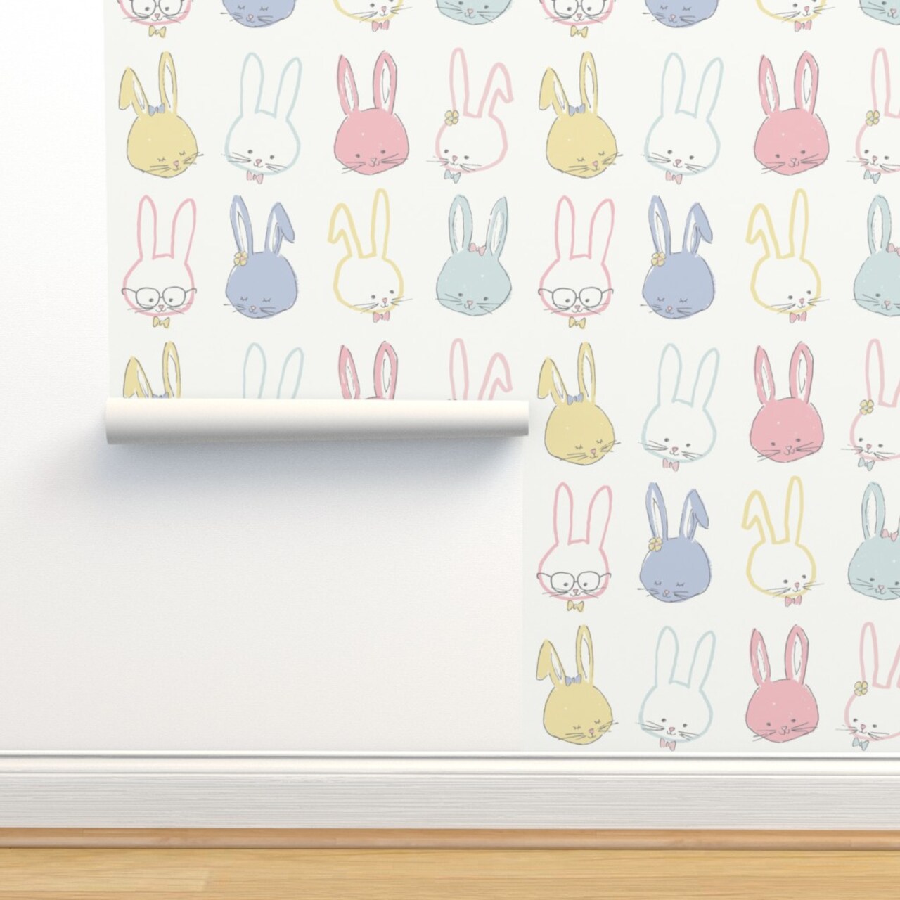 Easter Bunnies Pastel Spring Periwinkle Lilac Blue Pink Ivory Garden Hand Drawn Whimsical Rabbits Custom Removable Wallpaper by Spoonflower Peel & Stick Wallpaper 2FT Wide